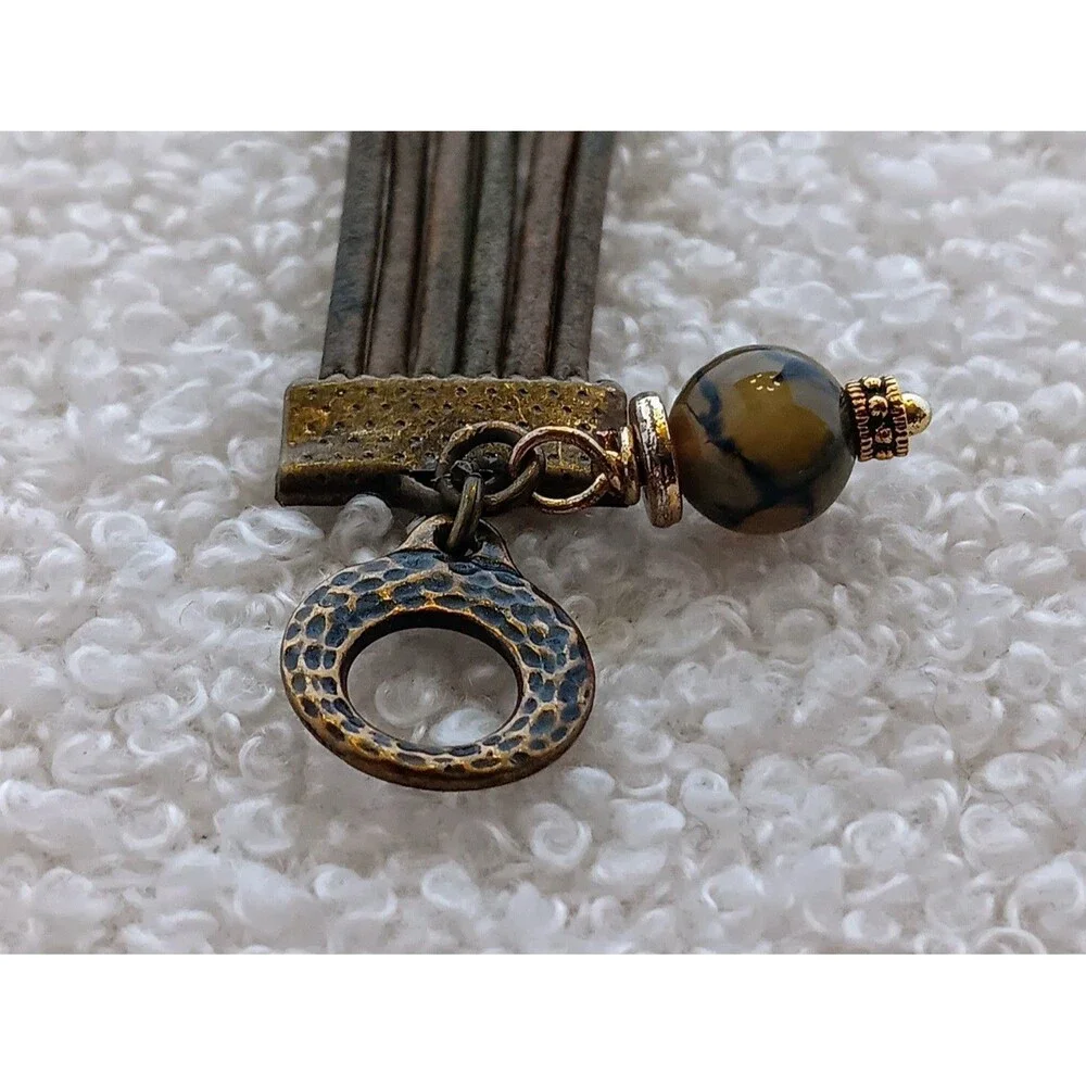 Olive Green Leather Celtic Knot Bracelet 6.5 in Moss Agate Dangle Charm